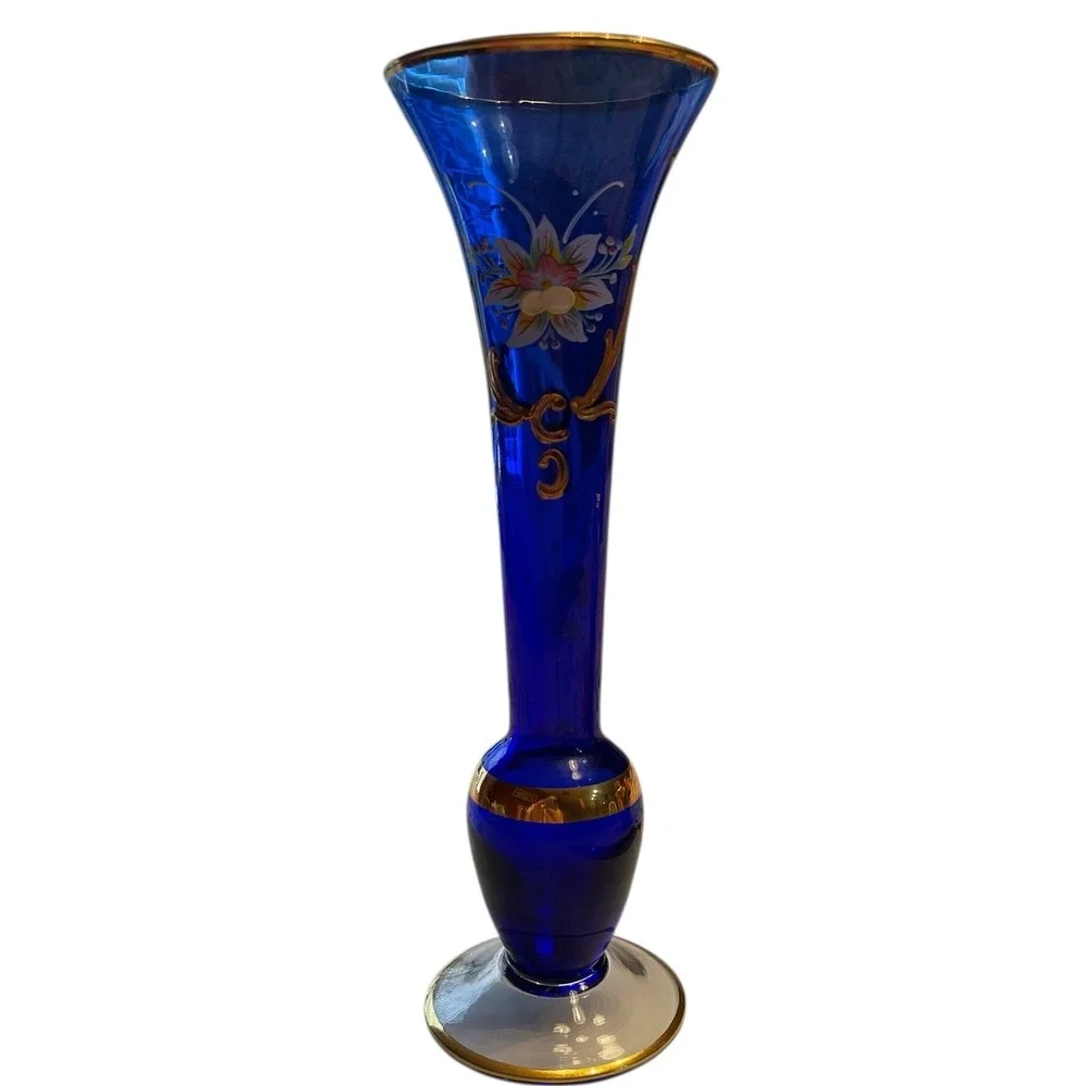 Bohemian Czech Cobalt Blue Art Glass Vase Gold Floral Trumpet 9.75